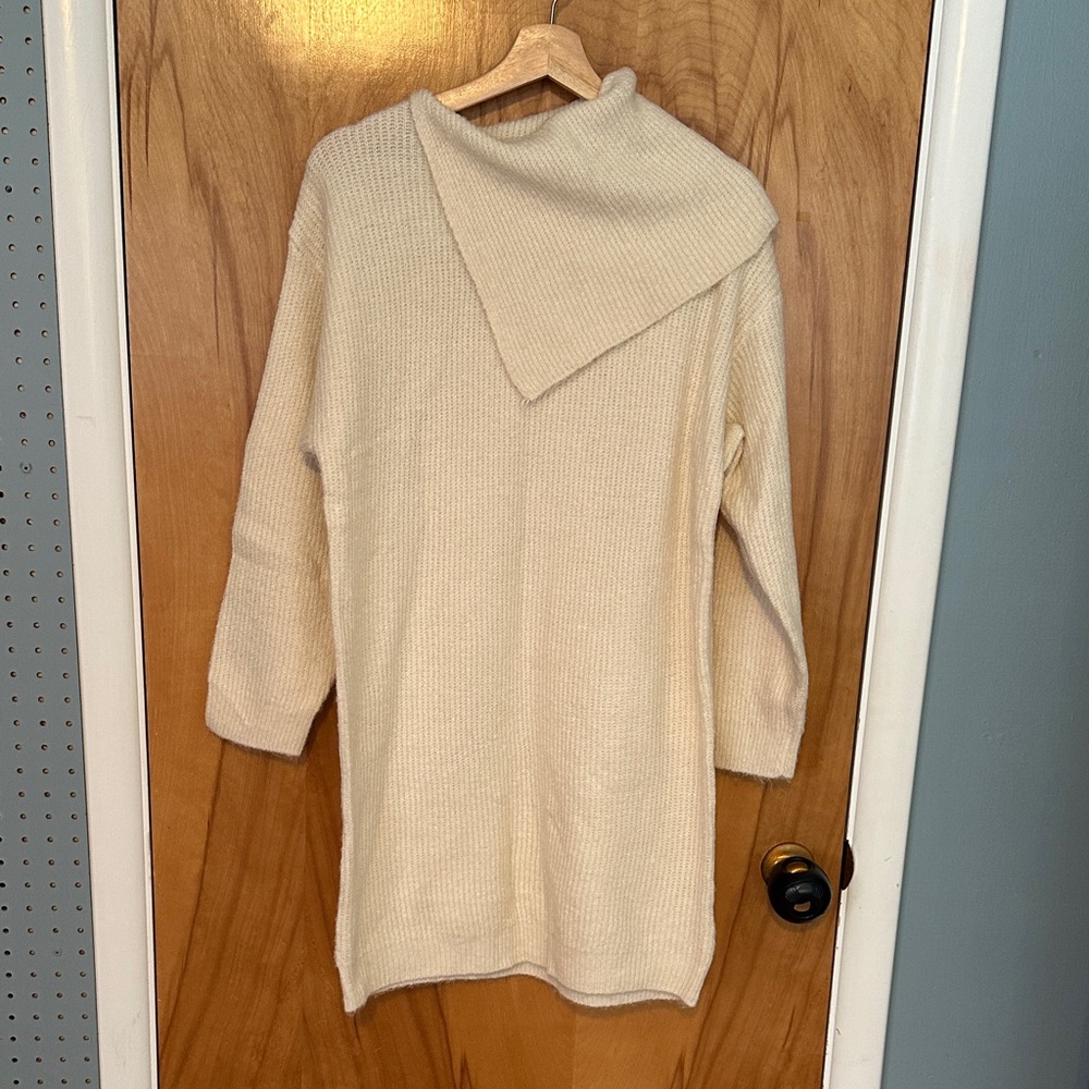 Crescent Cream Asymmetrical Cowl Knit Sweater Dress